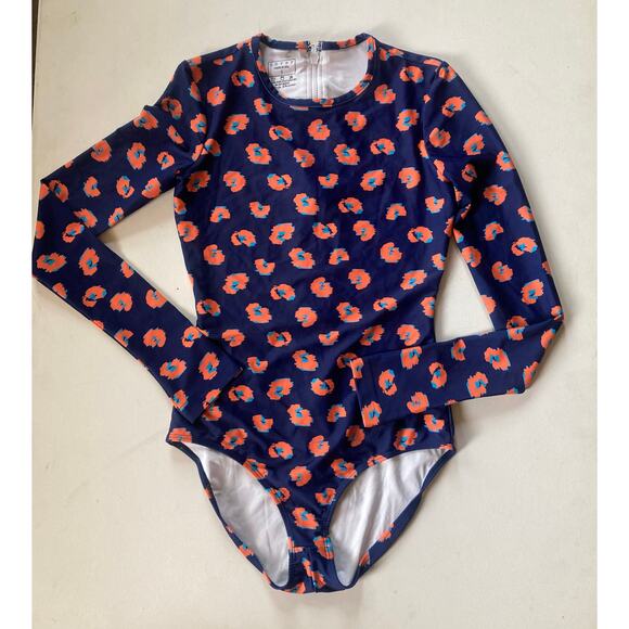Cover -One Piece Long Sleeve Swimsuit Sz S Navy Floral Rashguard Made in USA - Picture 1 of 8